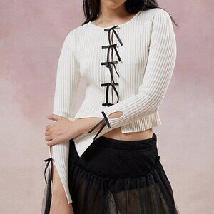 White Ribbed Lace-Up Bow Cardigan Top – Kimchi Blue Size L